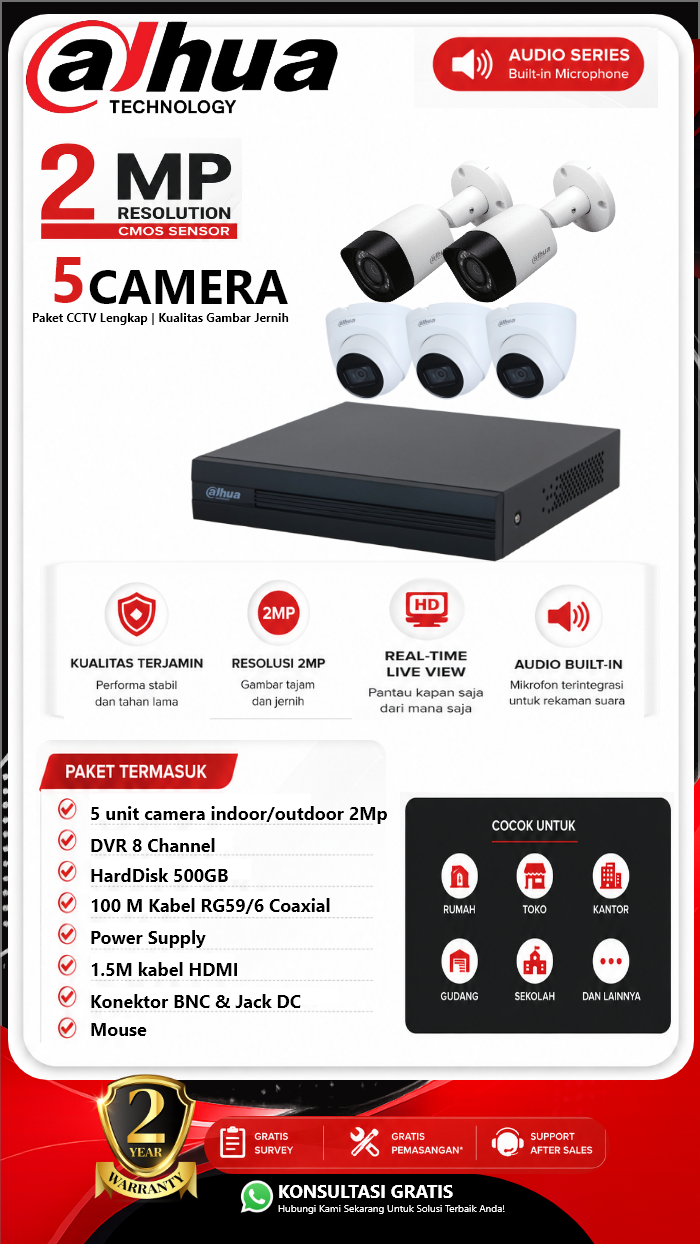 Paket CCTV Dahua 5 Camera 2MP Audio Series