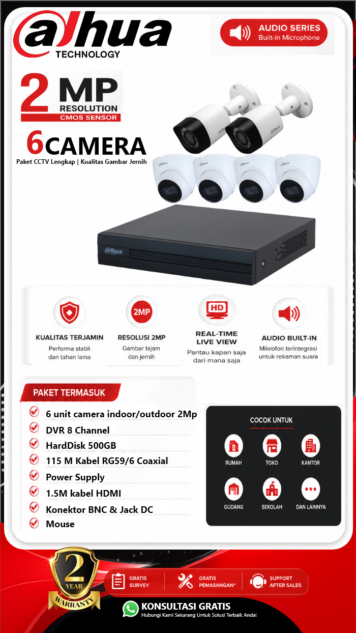 Paket CCTV Dahua 6 Camera 2MP Audio Series
