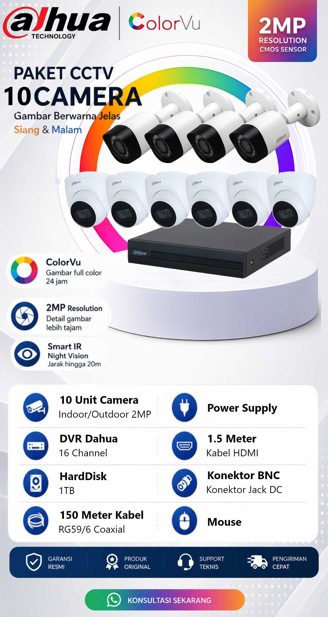 Paket CCTV Dahua 10 Camera 2MP ColorVu