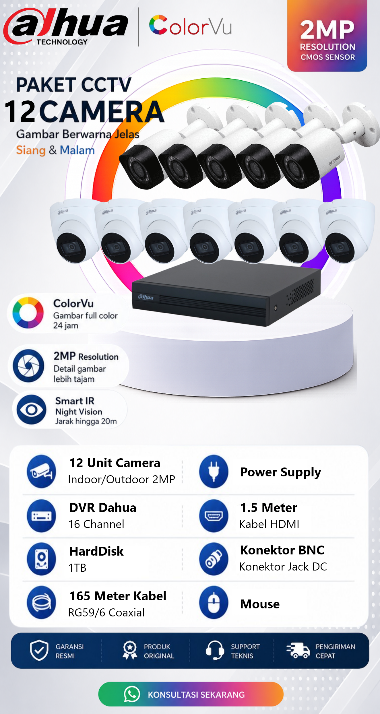 Paket CCTV Dahua 12 Camera 2MP ColorVu