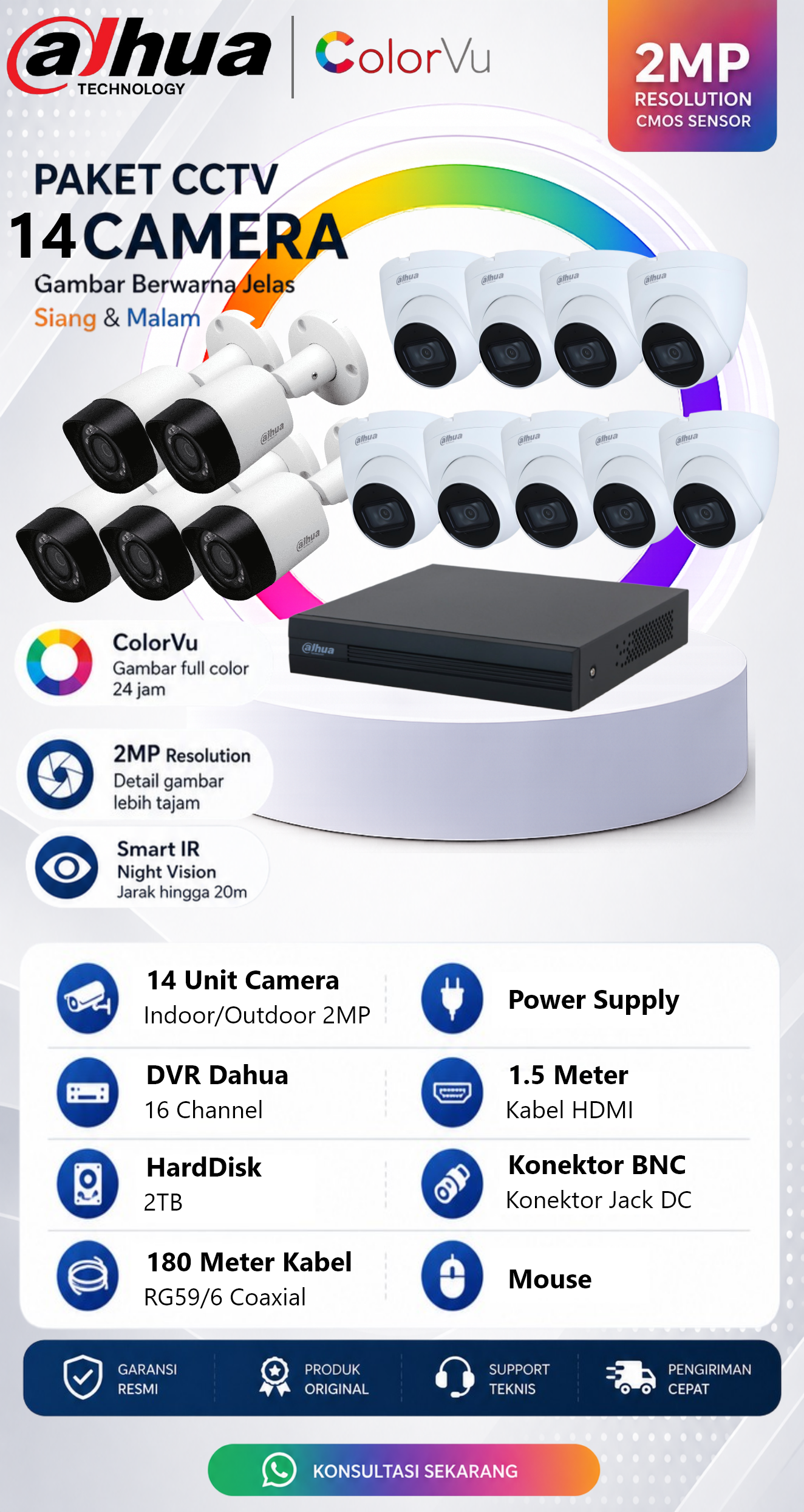 Paket CCTV Dahua 14 Camera 2MP ColorVu