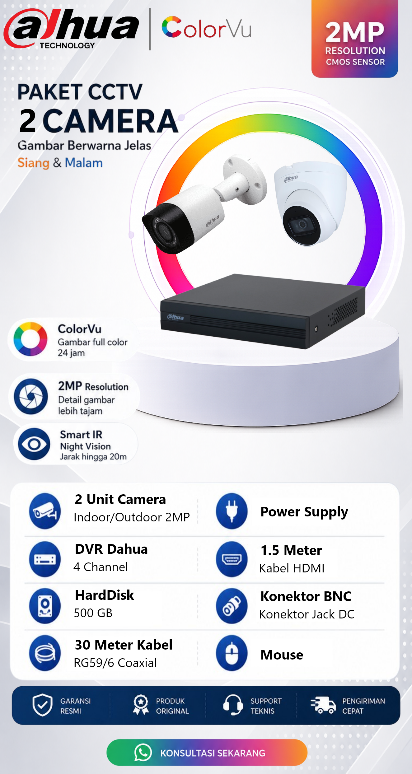 Paket CCTV Dahua 2 Camera 2MP ColorVu