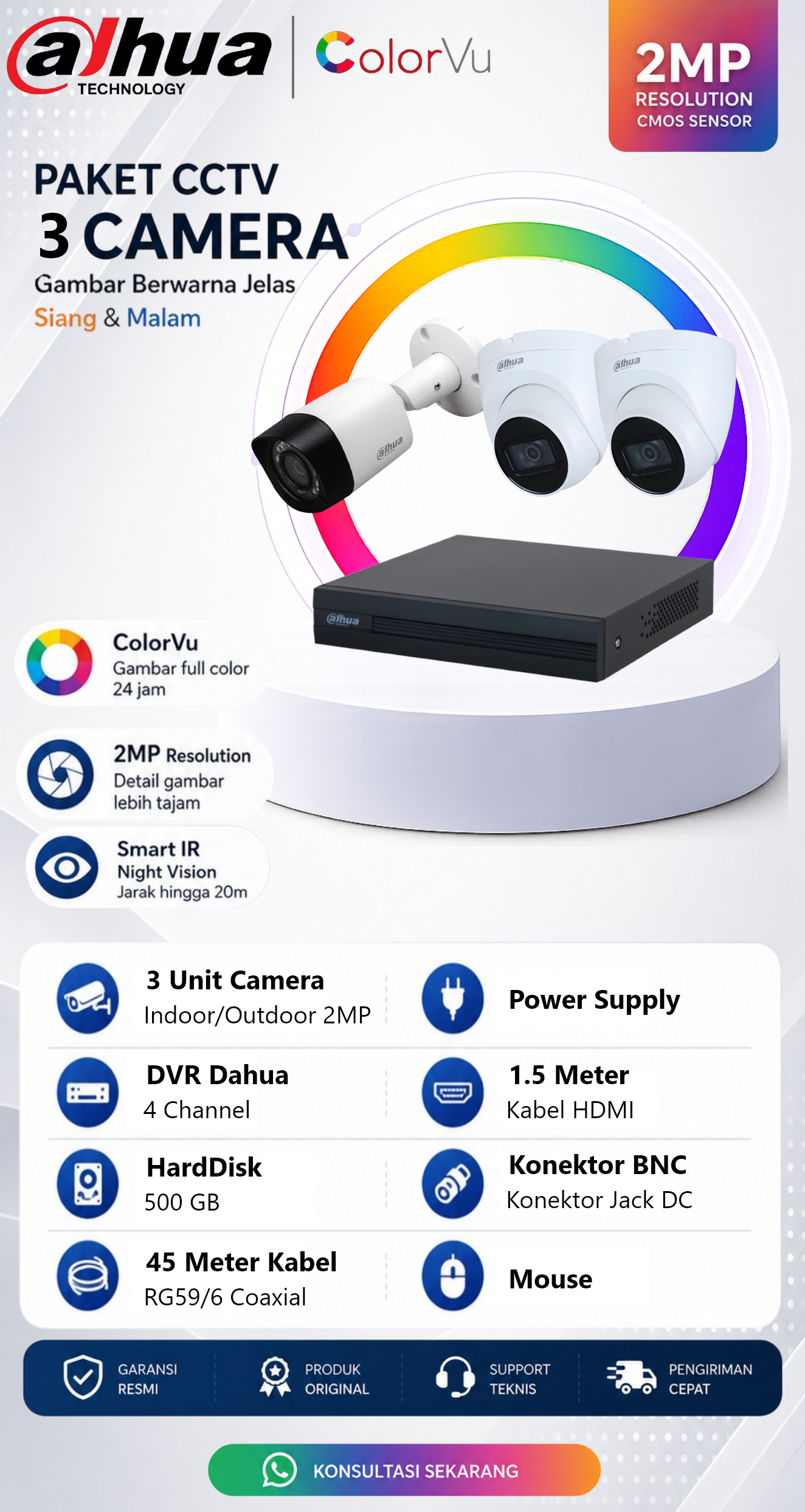 Paket CCTV Dahua 3 Camera 2MP ColorVu