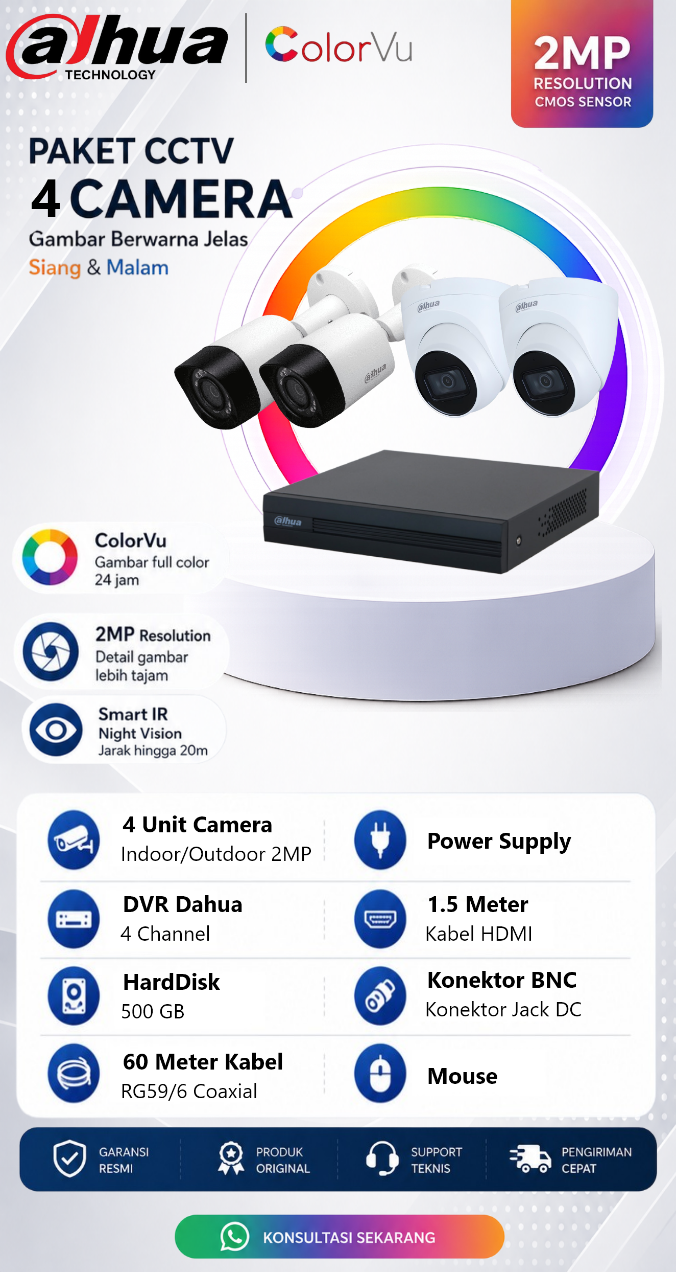 Paket CCTV Dahua 4 Camera 2MP ColorVu